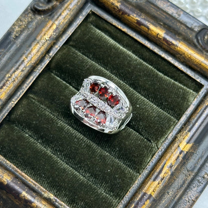 Vintage Red Stones Deadstock Cocktail Ring Rhodium Plated