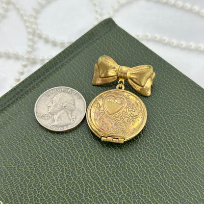 Vintage Gold Heart and Bow Round Locket Pin