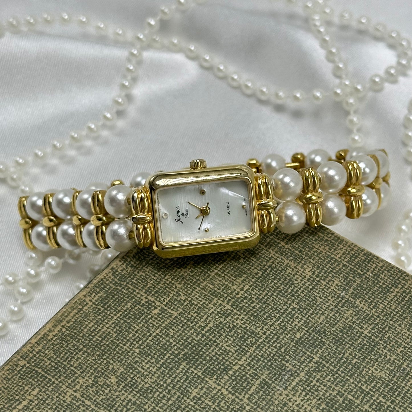 Gold Vintage Pearl Watch with Rectangular Mother of Pearl Dial