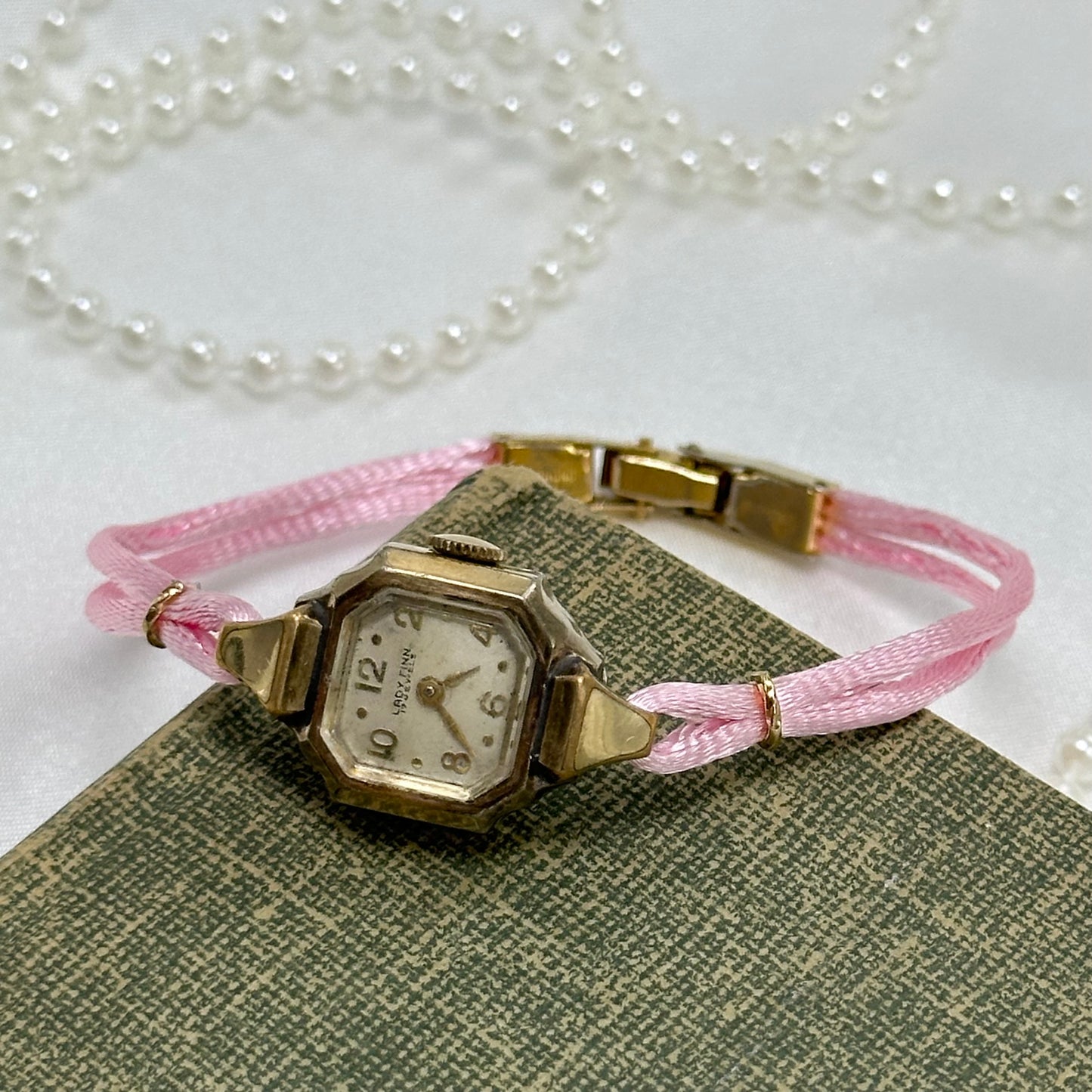 Vintage Gold Wind-Up Cocktail Watch with Satin Pink Band