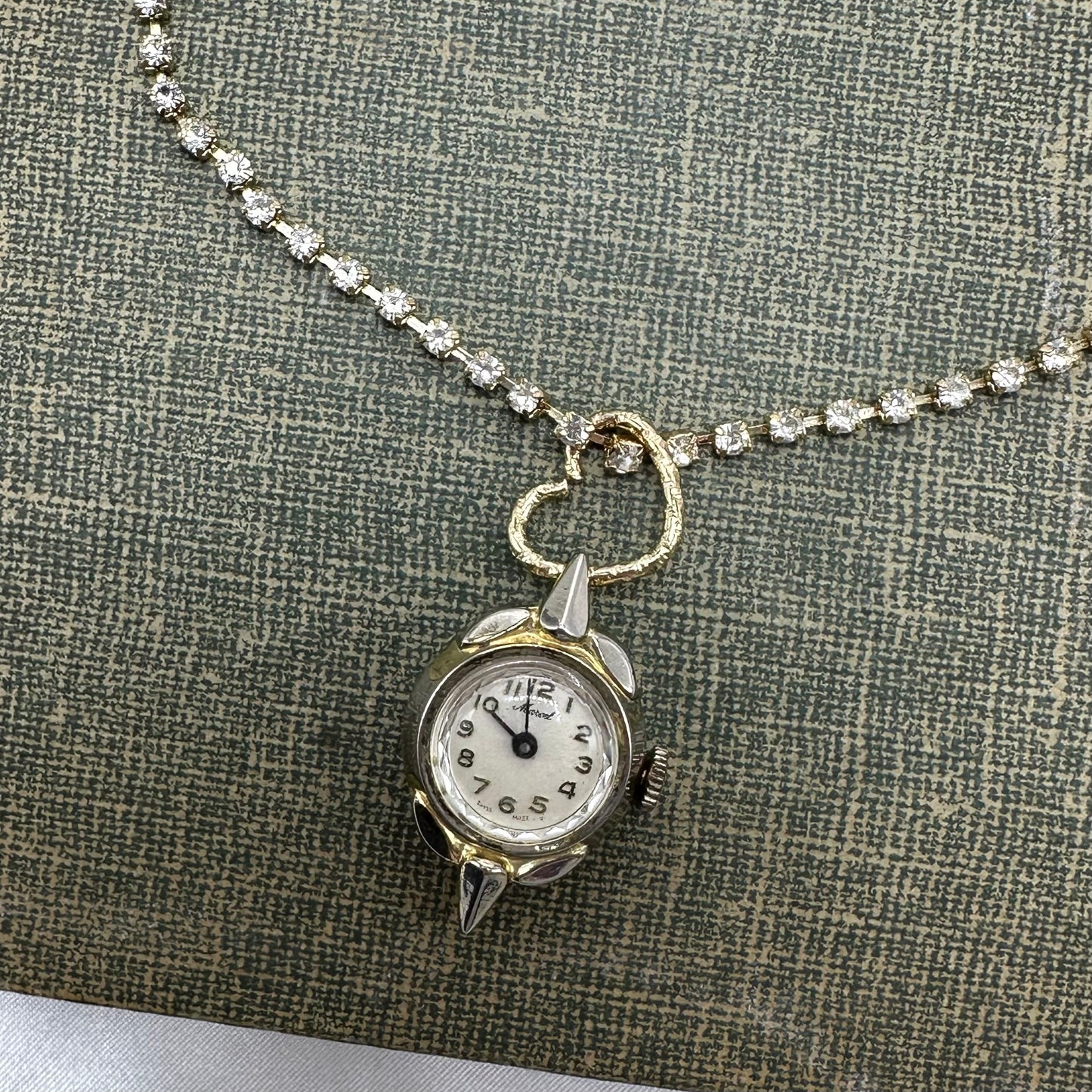Gold Vintage Watch Rhinestone Choker with Heart Bail