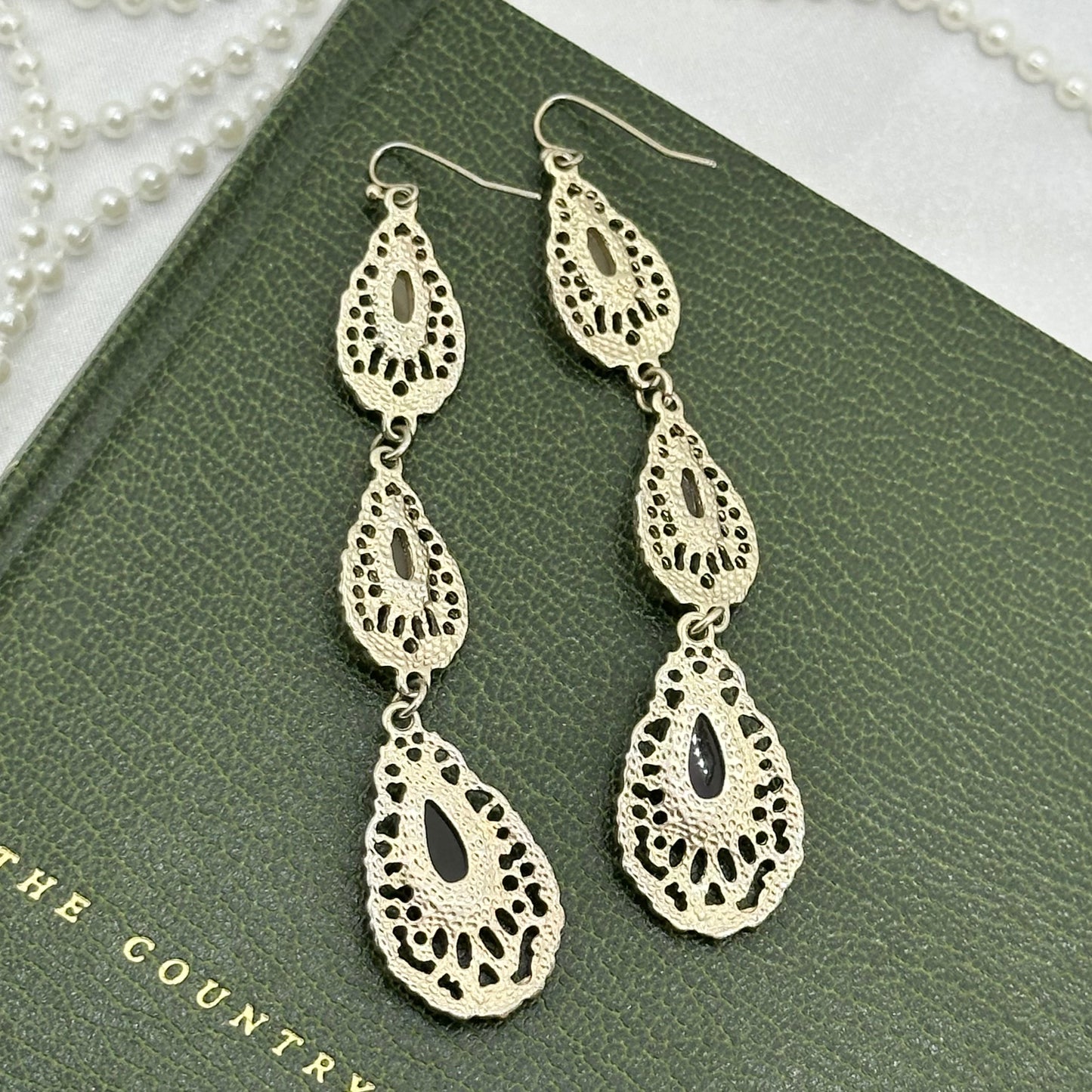 Silver Vintage Dangle Earrings with Black and Tan Stones