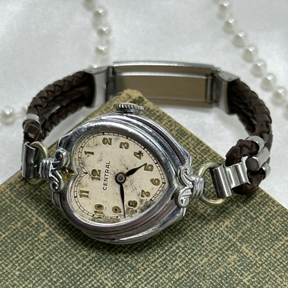 Vintage 1930's Silver Wind-Up Heart Watch with Brown Braided Leather Band