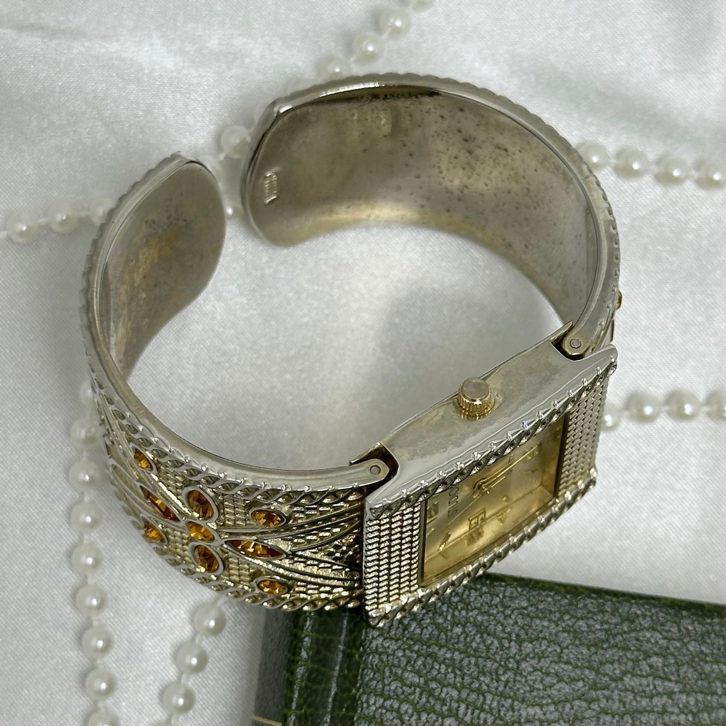 Silver Cuff Watch with Square Dial and Orange Stones