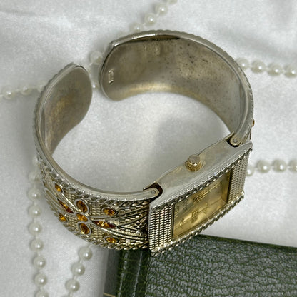 Silver Cuff Watch with Square Dial and Orange Stones
