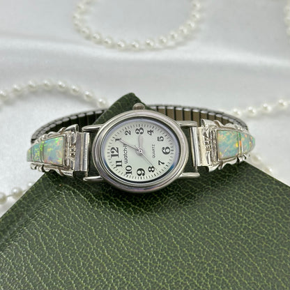 Native American style oval dial Watch-It watch with sterling silver and opal band.