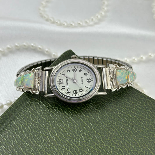 Native American style oval dial Watch-It watch with sterling silver and opal band.