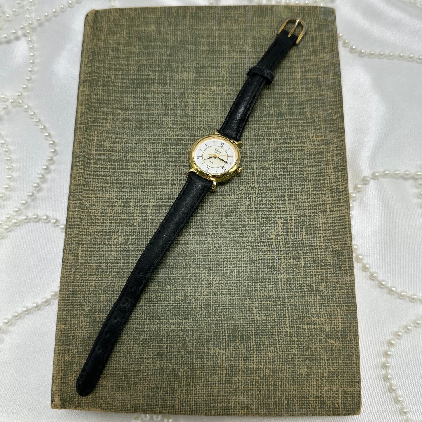 Gold Round Dial Timex Watch with Black Band