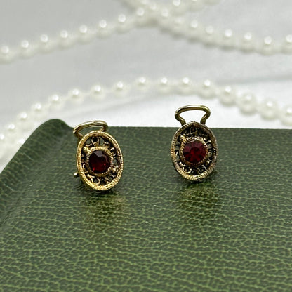 Adorable Dainty Vintage Clip On Oval Earrings with Red Stones