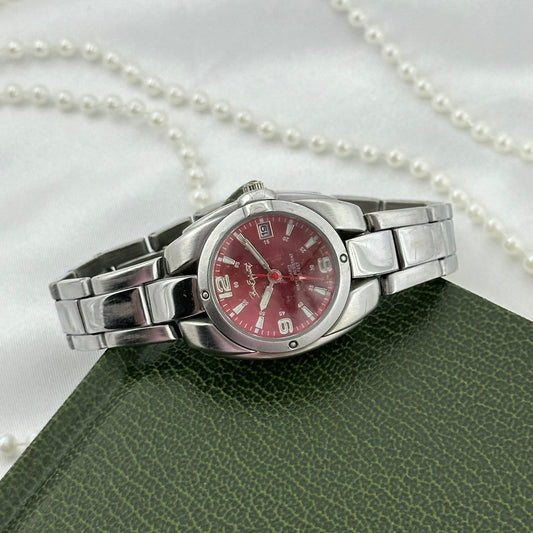Silver Red Dial Watch with Date Display