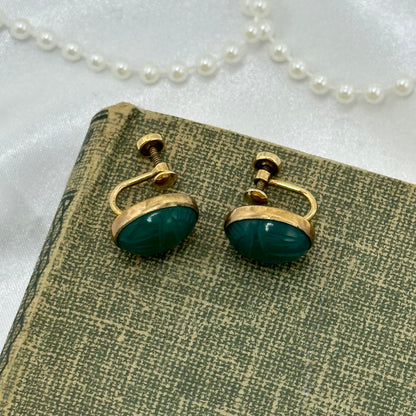 Vintage Gold Filled Green Scarab Screw Back Earrings