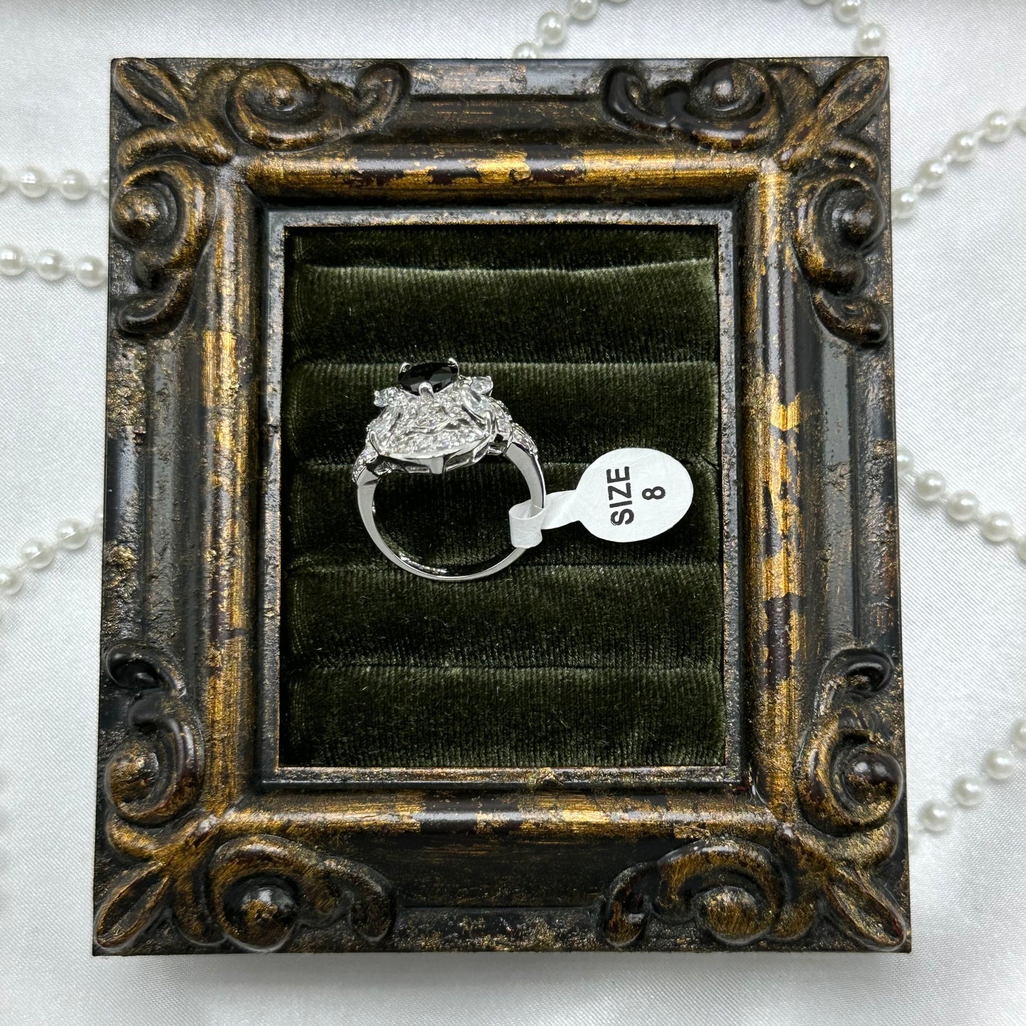Vintage Rhodium Plated Art Deco Style Ring with Black Heart Stone