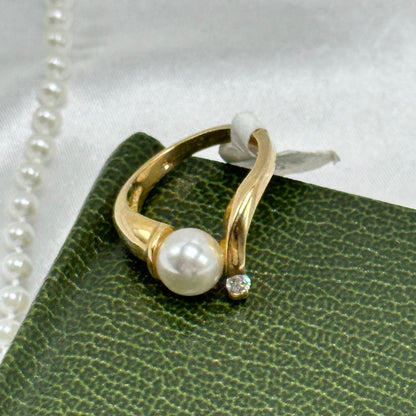 Pearl and Cubic Zirconia Stone Vintage Deadstock Ring 14k Gold Electroplated