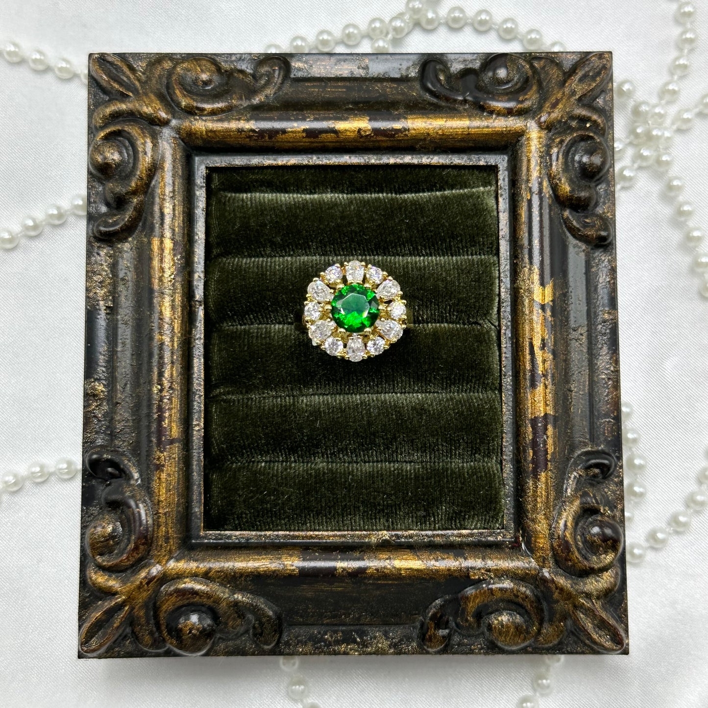 Green & Cubic Zirconia Stone Vintage Deadstock Ring 14k Gold Electroplated