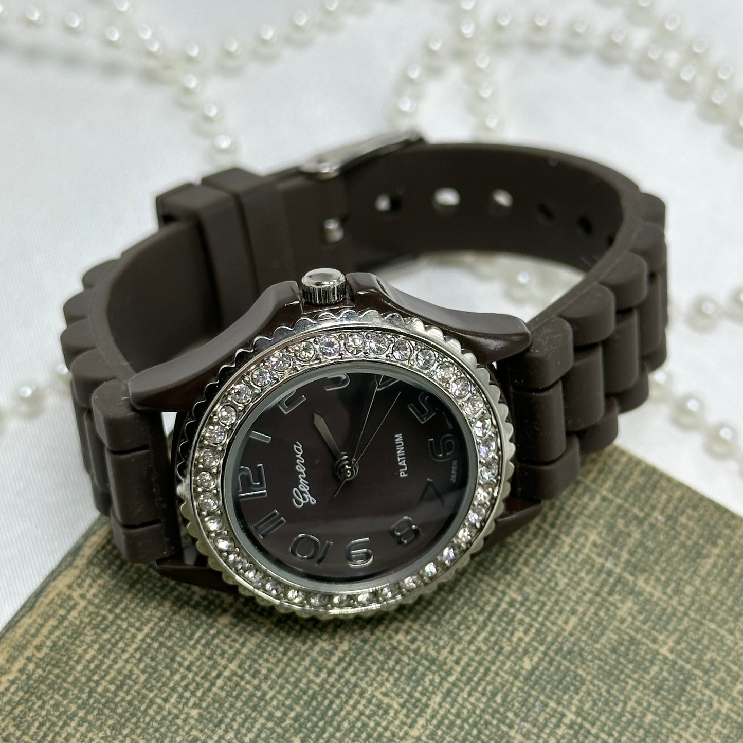 Brown and Silver Diamanté Geneva Watch