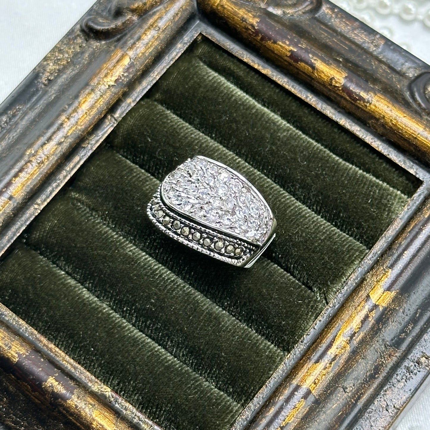 Vintage Black and Clear Stone Deadstock Pave Band Ring Rhodium Plated