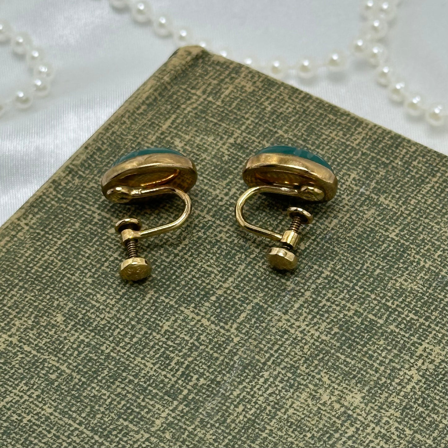 Vintage Gold Filled Green Scarab Screw Back Earrings