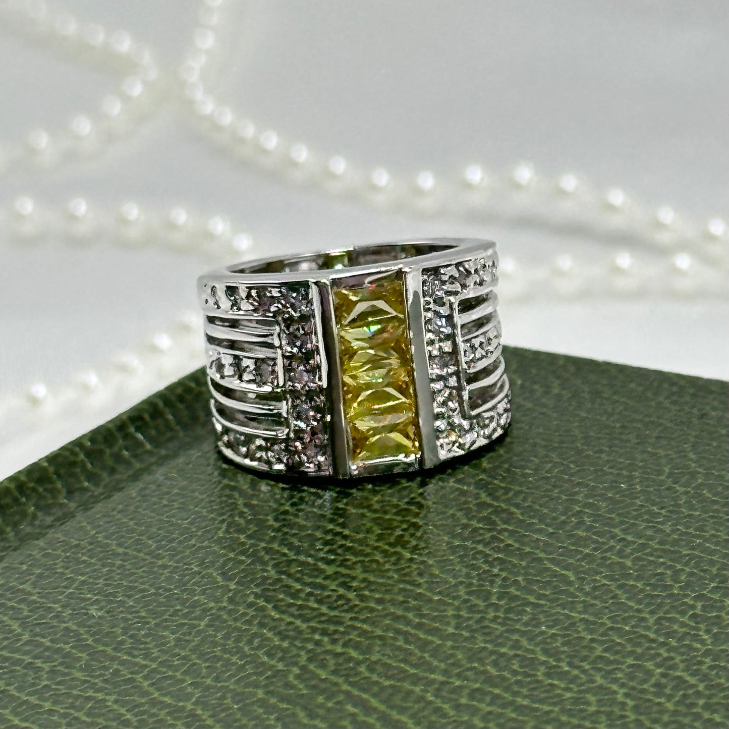 Three Row Yellow and Clear Stone Vintage Deadstock Band Ring Rhodium Plated