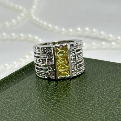 Three Row Yellow and Clear Stone Vintage Deadstock Band Ring Rhodium Plated