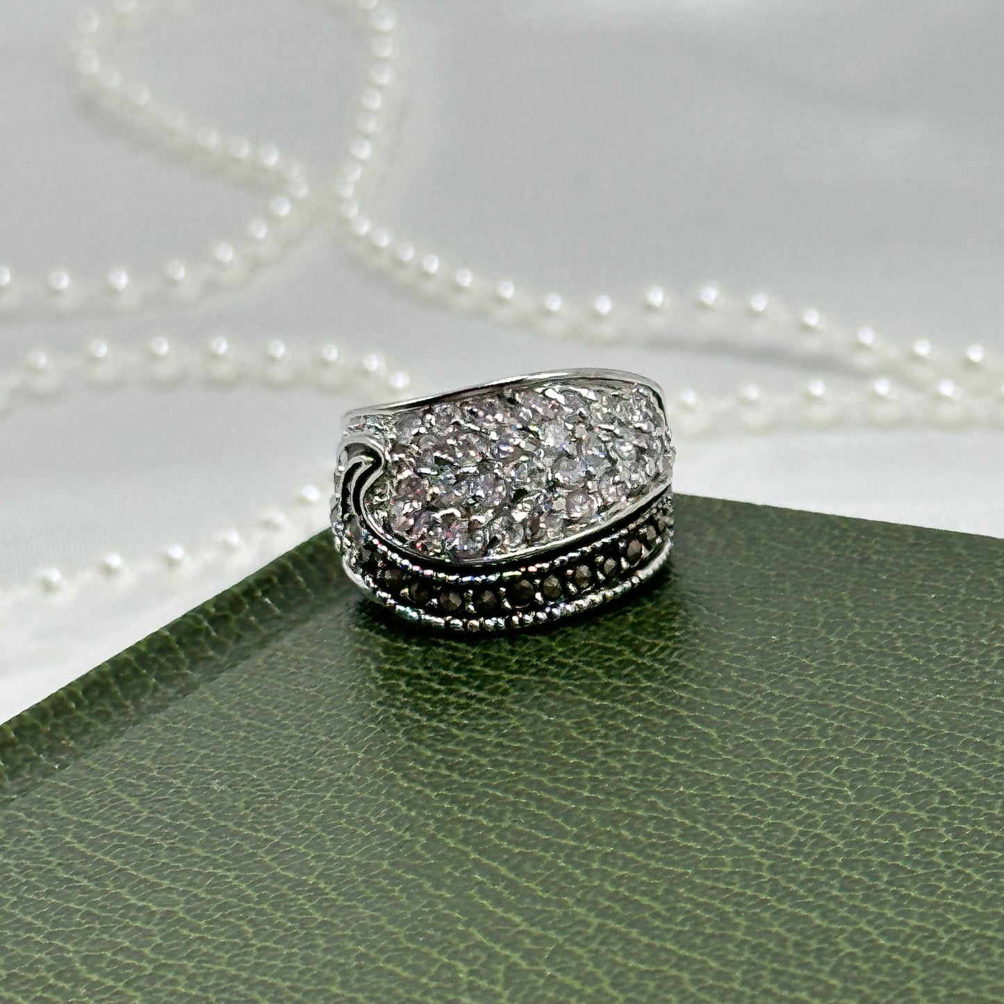 Vintage Black and Clear Stone Deadstock Pave Band Ring Rhodium Plated