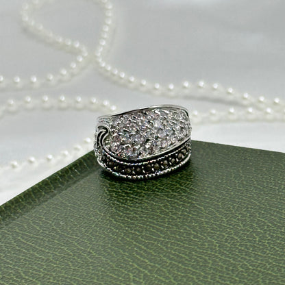 Vintage Black and Clear Stone Deadstock Pave Band Ring Rhodium Plated