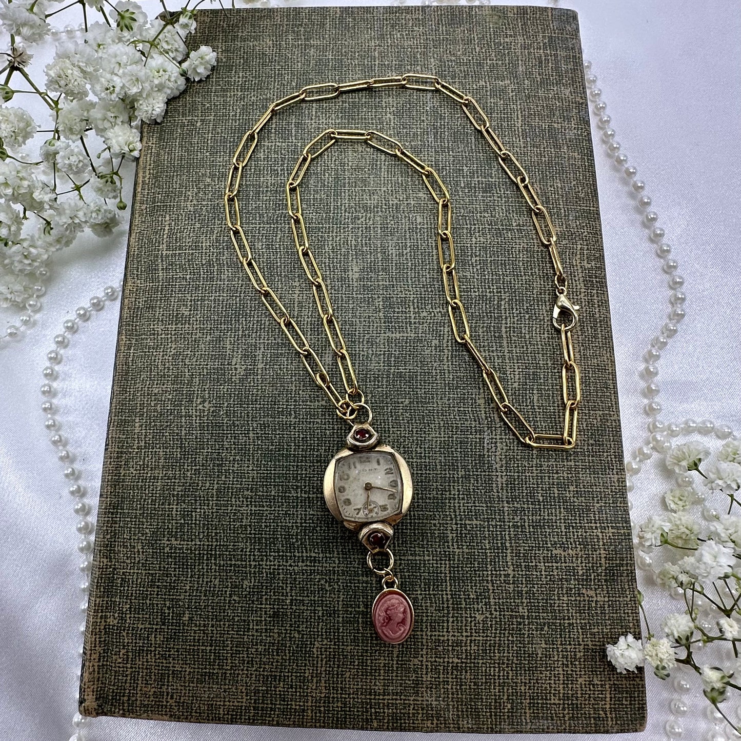 Vintage Ruby Accented Watch Necklace with Cameo Charm