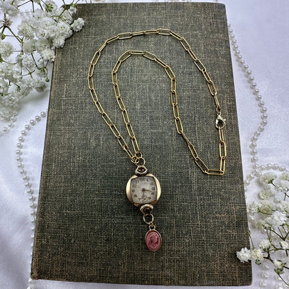 Vintage Ruby Accented Watch Necklace with Cameo Charm