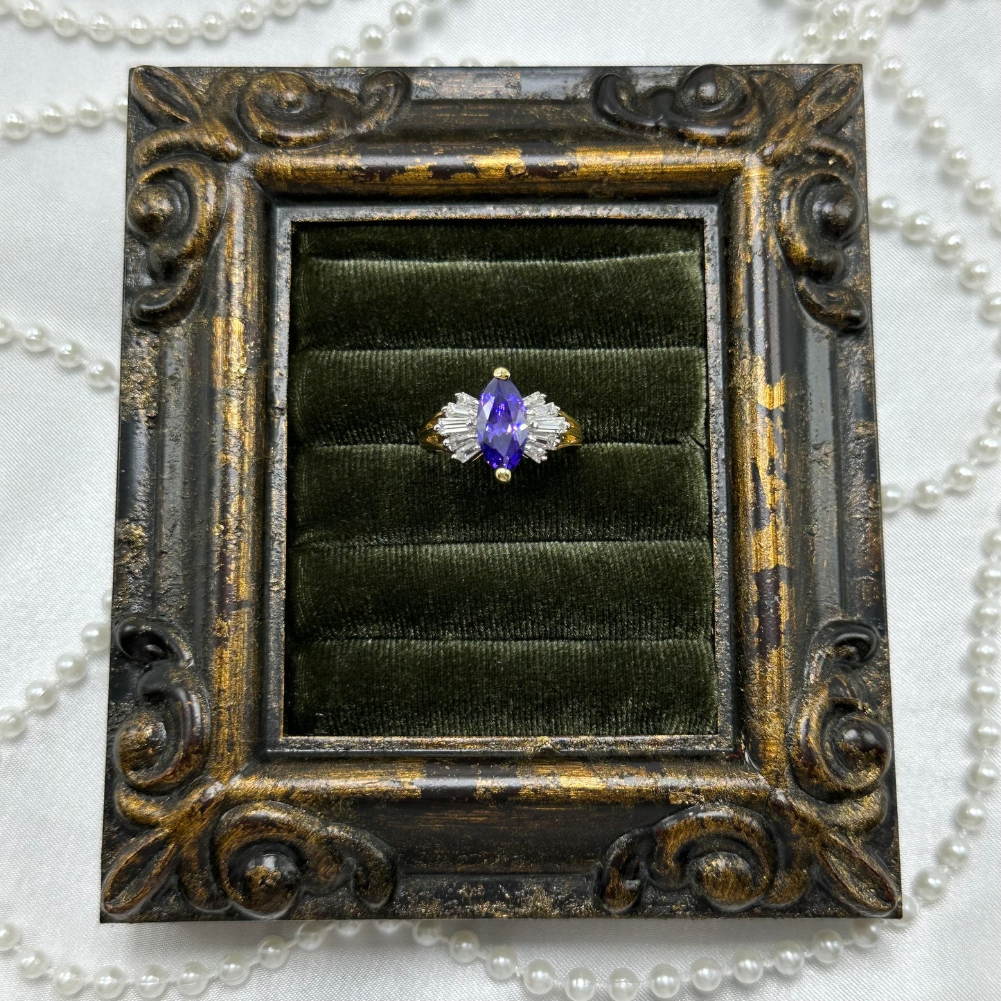 Marquise Purple Cubic Zirconia Stone Vintage Deadstock Ring 14k Gold Electroplated