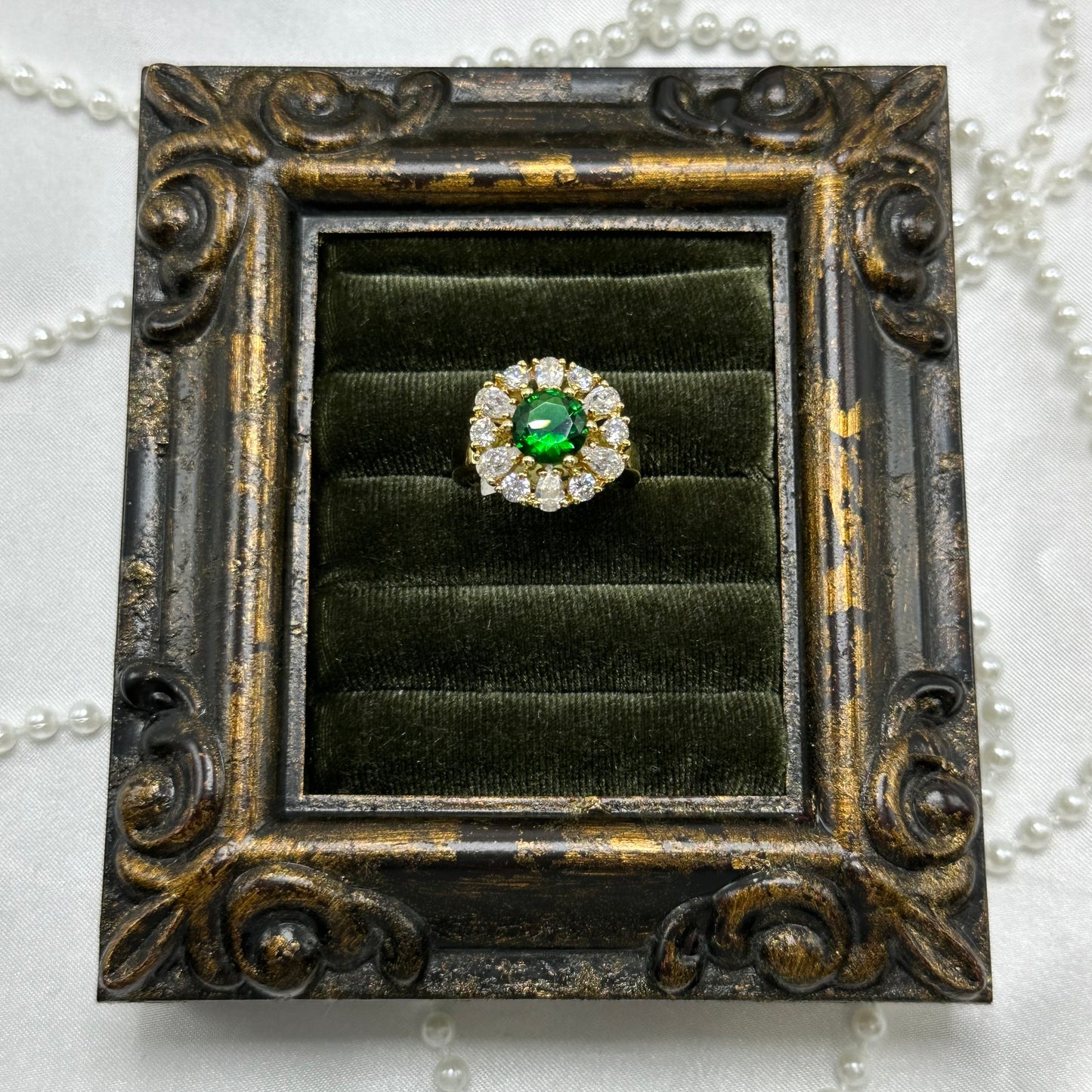 Green & Cubic Zirconia Stone Vintage Deadstock Ring 14k Gold Electroplated