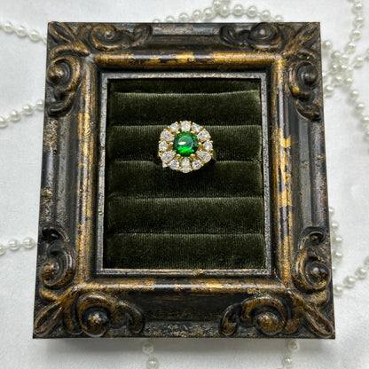 Green & Cubic Zirconia Stone Vintage Deadstock Ring 14k Gold Electroplated