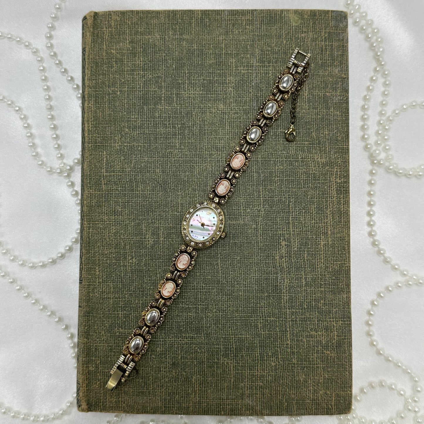 Vintage Gold Cameo Watch with Mother of Pearl Dial