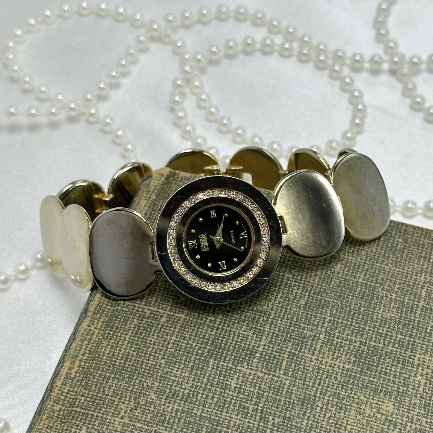 Two-Tone Coin Bracelet Watch with Black Diamanté Dial