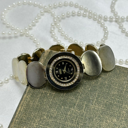 Two-Tone Coin Bracelet Watch with Black Diamanté Dial