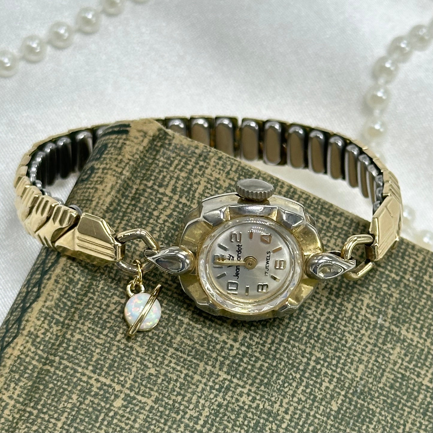 Vintage Jean Cardot Wind Up Gold Watch with Opal Saturn Charm
