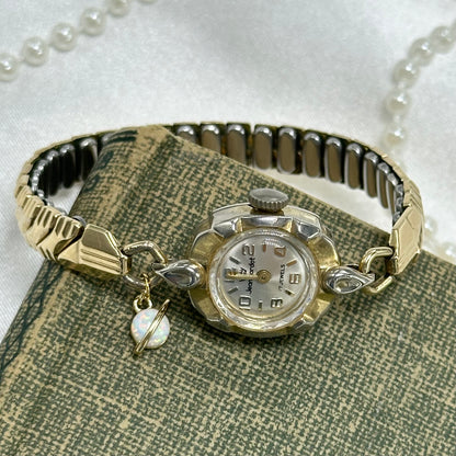 Vintage  1970's Jean Cardot Wind Up Gold Watch with Opal Saturn Charm