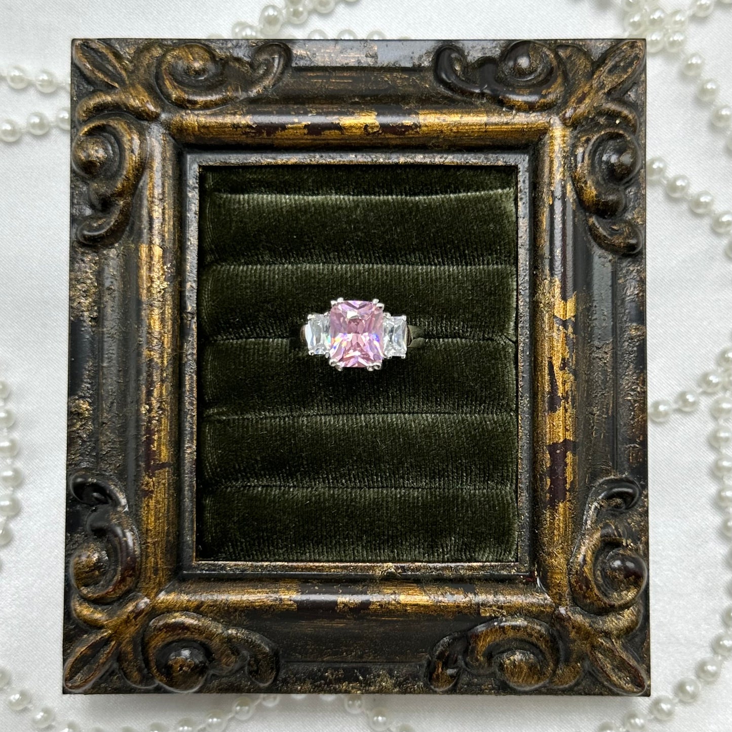 Vintage Light Pink Square Stone Deadstock Ring Rhodium Plated