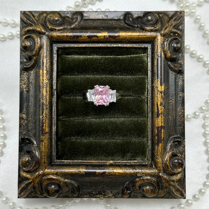 Vintage Light Pink Square Stone Deadstock Ring Rhodium Plated