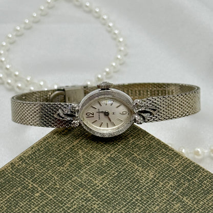 10k RGP Dainty Silver Wind-Up Hamilton Cocktail Watch with Diamond Dial