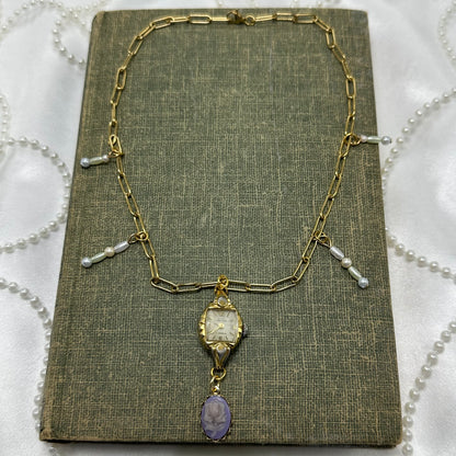 Vintage Watch Necklace with Purple Rose Cameo Charm & Pearls