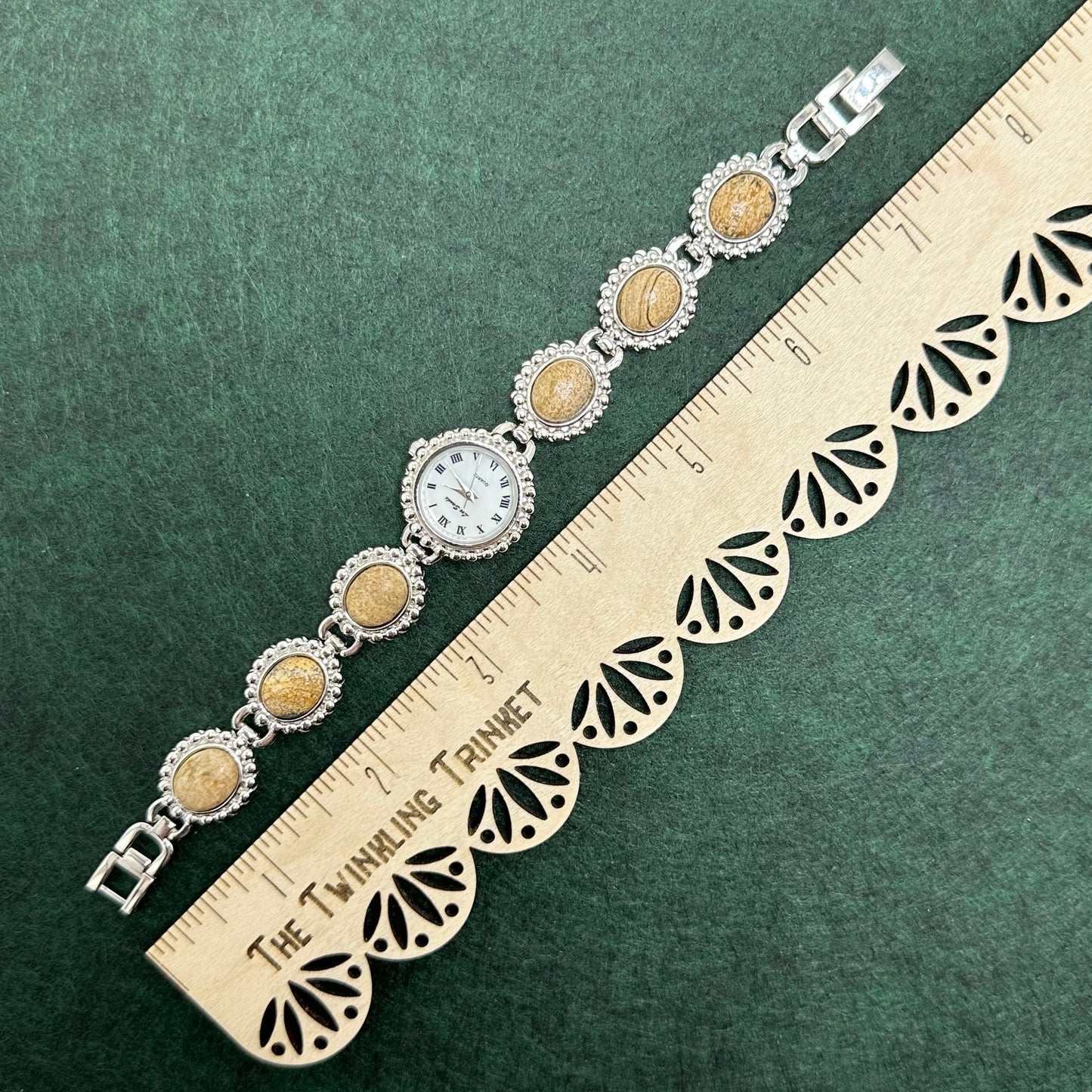 Vintage Silver Lee Sands Watch with Jasper Gemstone Band and Mother of Pearl Dial