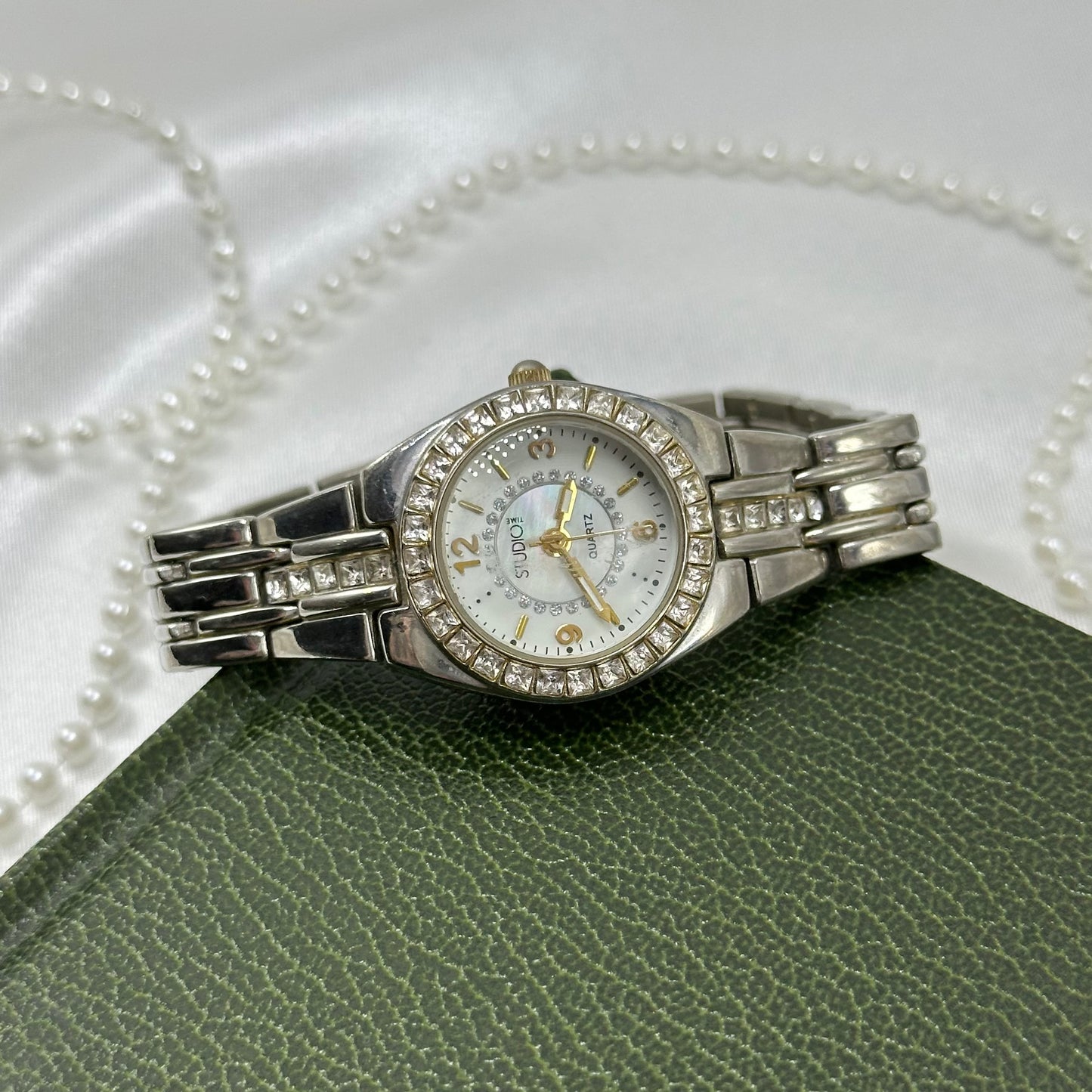 Two-Tone Diamanté Watch with Round Mother of Pearl Dial