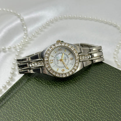 Two-Tone Diamanté Watch with Round Mother of Pearl Dial