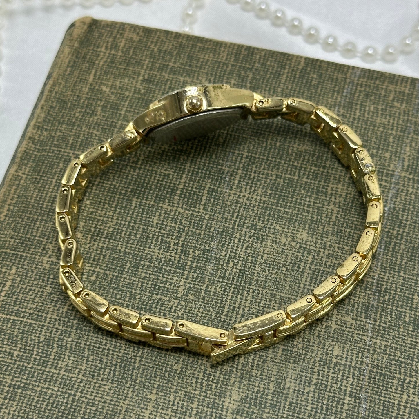 Dainty Diamanté Gold Watch with Round Black Dial