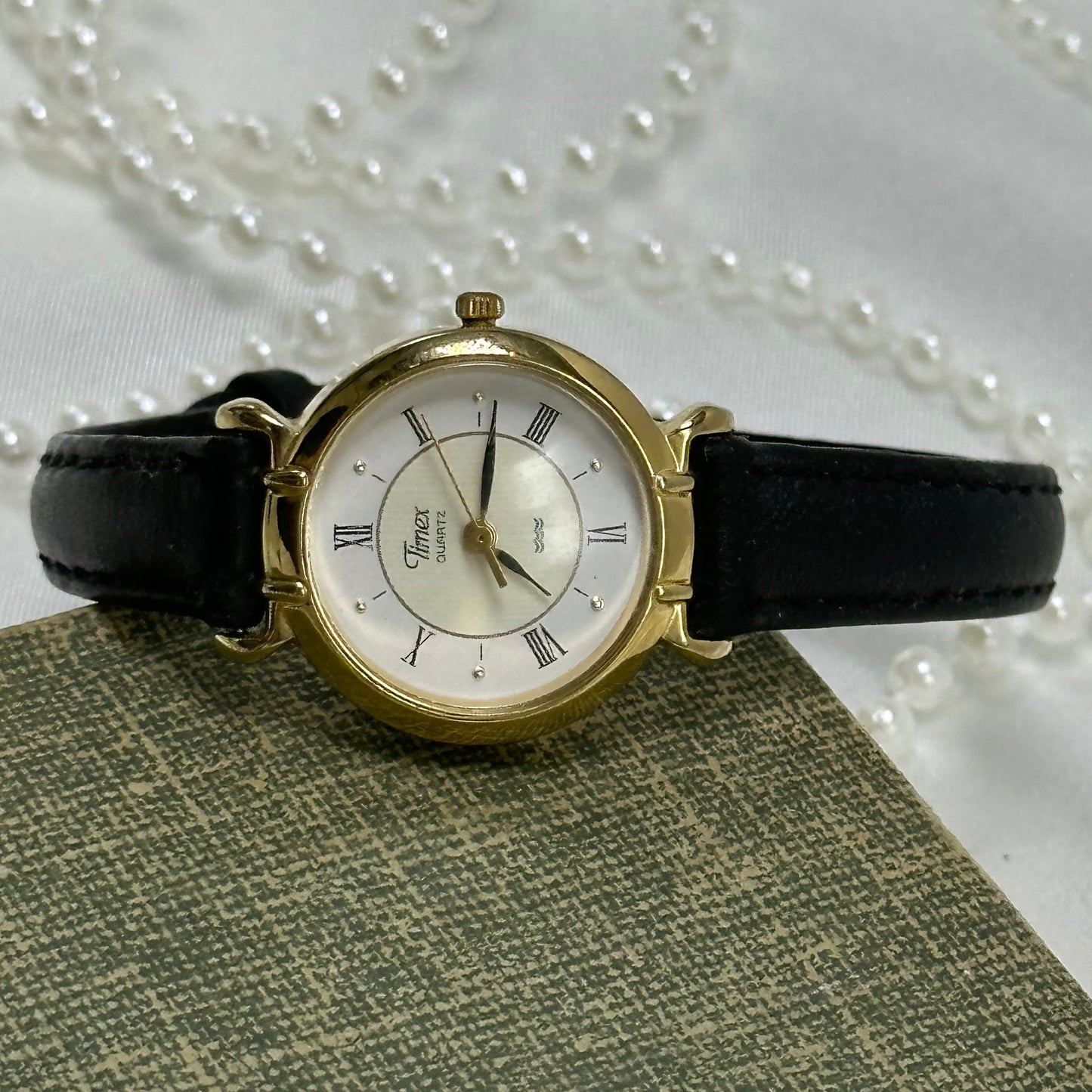 Gold Round Dial Timex Watch with Black Band