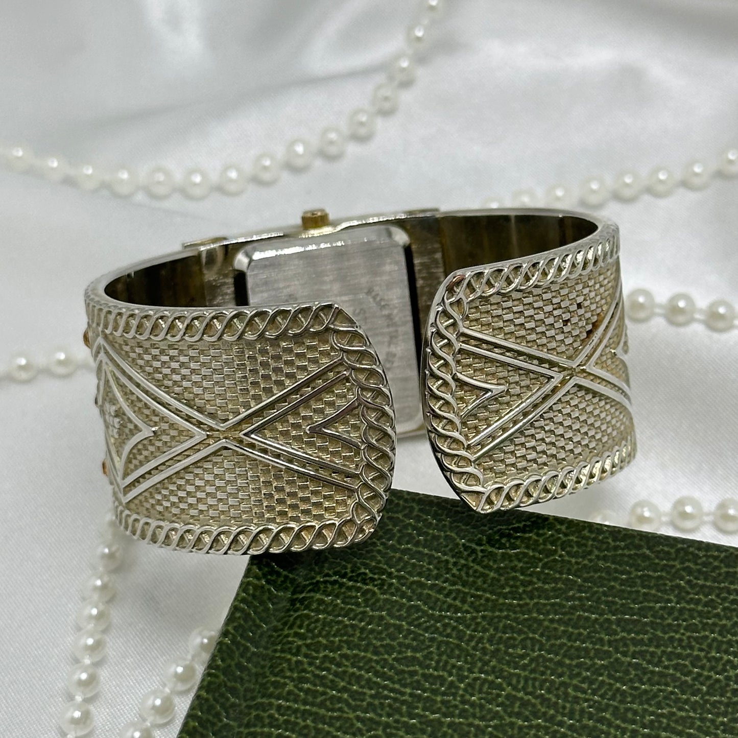 Silver Cuff Watch with Square Dial and Orange Stones