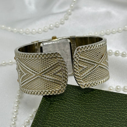 Silver Cuff Watch with Square Dial and Orange Stones