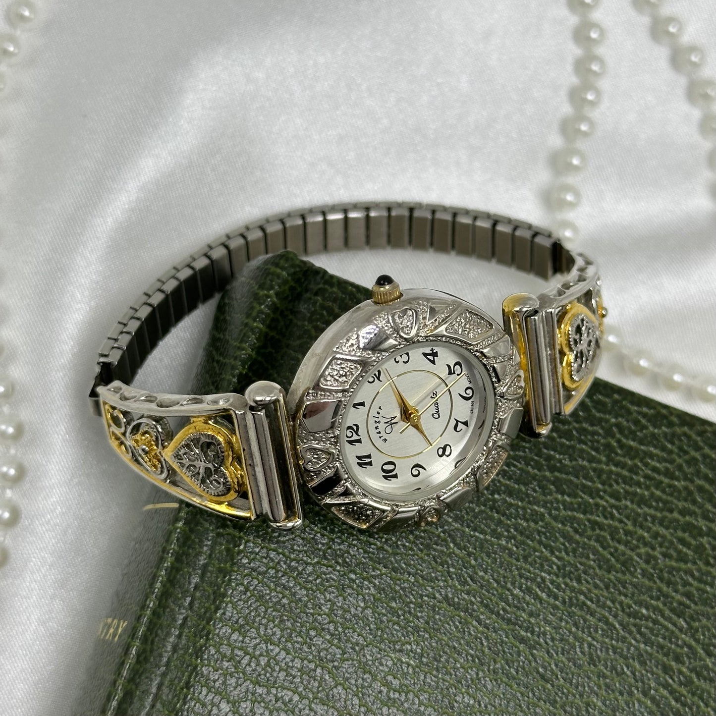 Two-Tone Wrangler Watch with Filigree Hearts Band and Black Jewel Crown