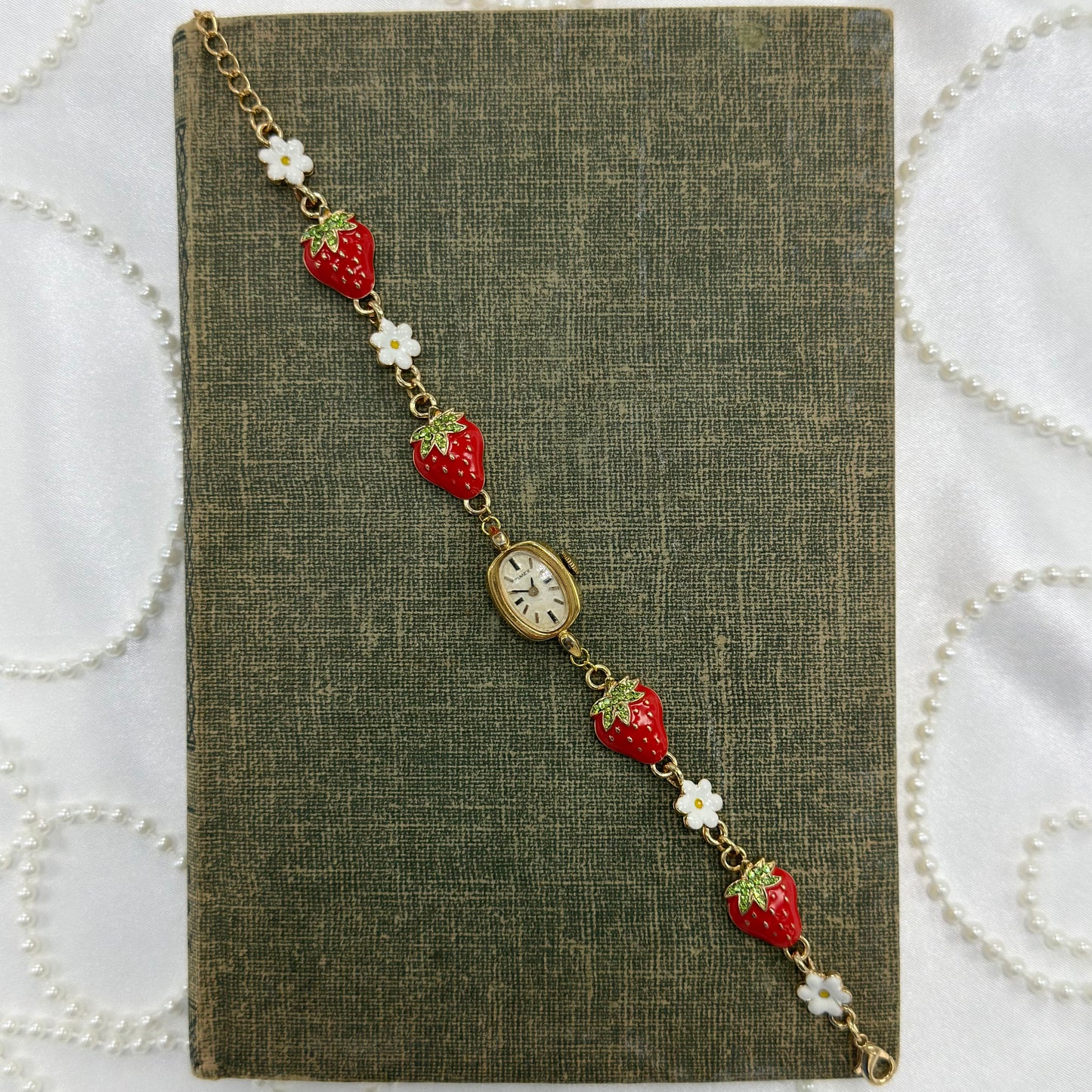 Gold 1979 Timex with Strawberry Charm Bracelet