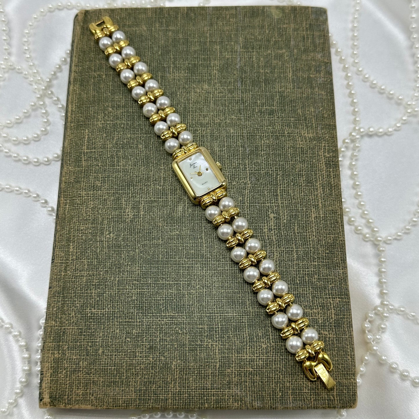 Gold Vintage Pearl Watch with Rectangular Mother of Pearl Dial