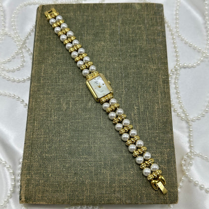 Gold Vintage Pearl Watch with Rectangular Mother of Pearl Dial